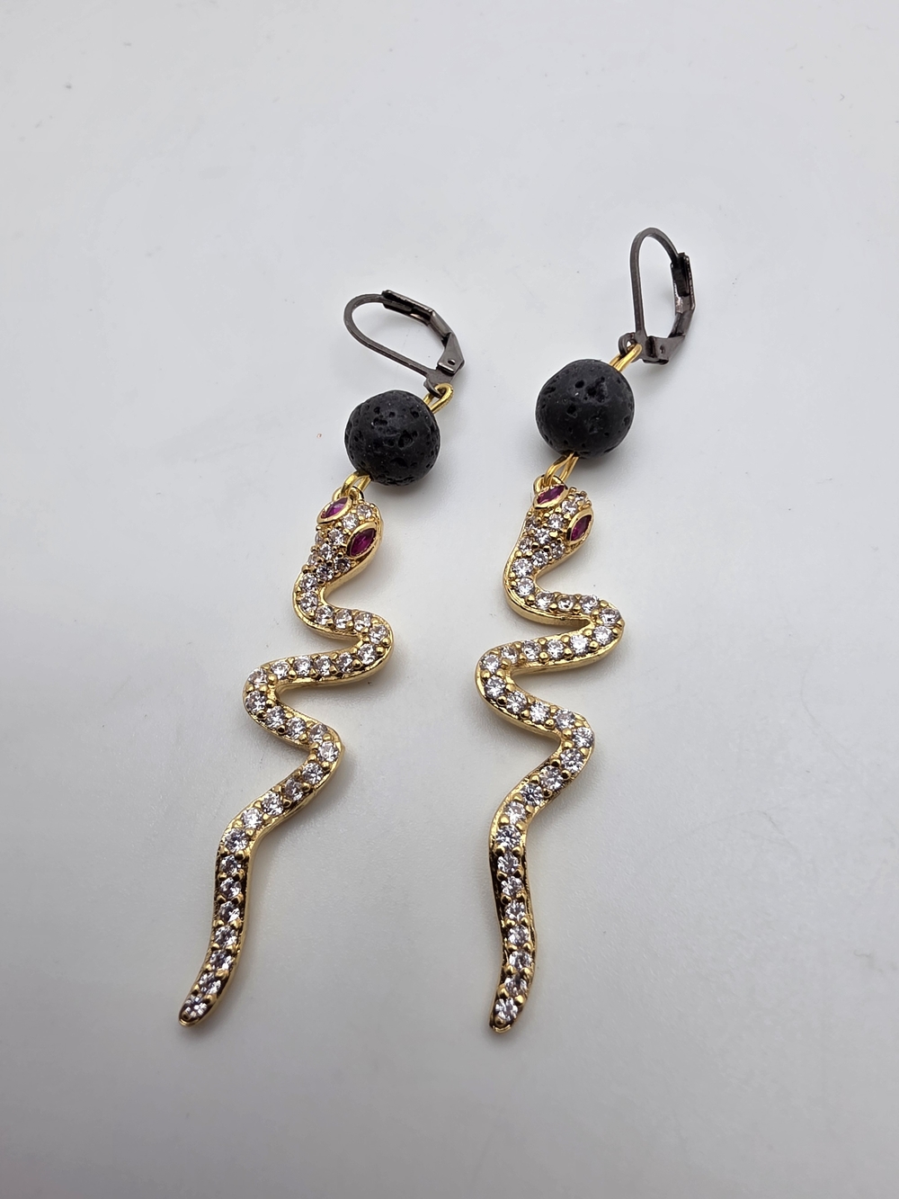Gold-Tone Snake Drop Earrings with Black Bead and Ruby Eyes